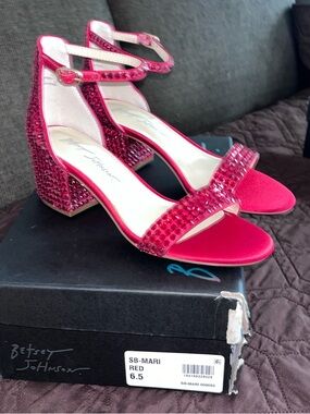 Betsey Johnson Red Crystal Block Heel Sandals with Ankle Strap